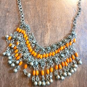 Silver and Orange Beaded Necklace